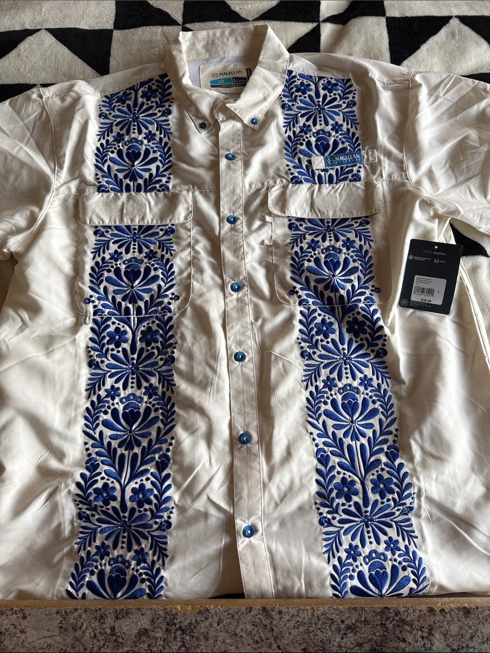 Magellan Outdoors Cream Button-Up Shirt Jacket with Blue Embroidery